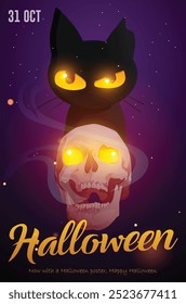 Plantilla plana del Anuncio del fondo de Halloween, gato negro del cartel y cráneo