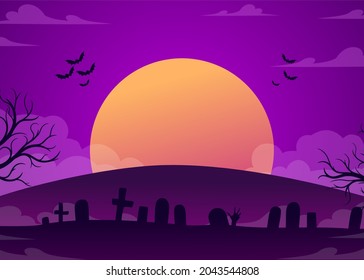 Flat halloween background with cemetery area and moon free vector