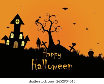 Plano de fundo de Halloween com casa assombrada, zumbi, morcego e túmulo.