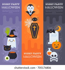 Flat Halloween banners with creepy elements and characters for card templates, print and web design