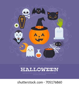 Flat Halloween banners with creepy elements and characters for card templates, print and web design