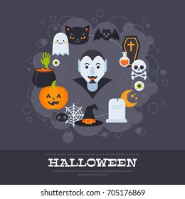 Flat Halloween banners with creepy elements and characters for card templates, print and web design