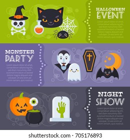 Flat Halloween banners with creepy elements and characters for card templates, print and web design