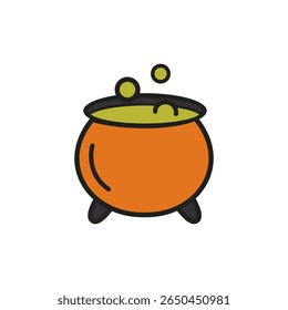 Flat Halloween cauldron icon with bubbling green potion, perfect for magic theme, witchcraft design, spooky party visuals, game UI, and mystical illustrations