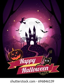 Flat Halloween character and element design Badge, Halloween on Big moon Background, Vector Illustration, Trick or Treat Concept, vector illustration