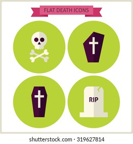 Flat Halloween Death Website Icons Set. Vector Illustration. Collection of October Magic Holiday Halloween Party Colorful Circle Icons. Tricks and Treats. Design Elements Website Mobile Application