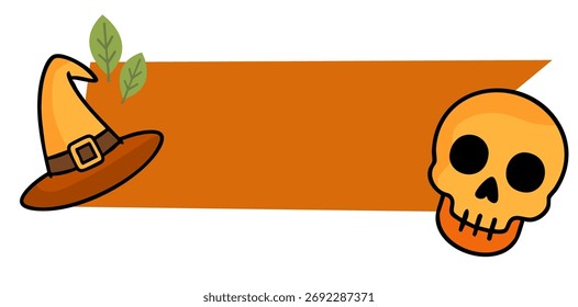 Flaches Halloween Design mit Totenkopf Hexenhut und orangefarbenem Rahmen