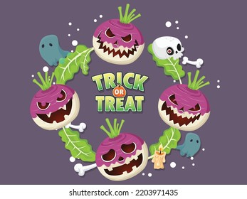 Flat halloween element collection in purple background. Vector illustration. Hand drawn halloween