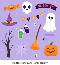 Flat halloween element design collection set