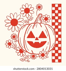 Flat Halloween Engraved Retro Groovy Pumpkin Illustraction with Flowers and Checkered Element