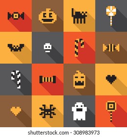 Flat Halloween festive seamless pixel pattern in vector