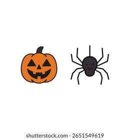 Flat Halloween icon with carved pumpkin and black spider, perfect for spooky decorations, party invites, printable materials, and creepy seasonal visual assets
