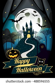 Flat Halloween Icon, Halloween Character, element design, Halloween Background, Vector Illustration, Trick or Treat Concept, Castle, Pumpkin and Spider Web, Bat and Cat, paper art, vector transparent