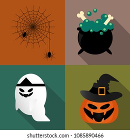 Flat halloween icon with ghost, black witch's cauldron, halloween pumpkin and spider web. Simple flat style design elements. 