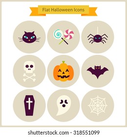 Flat Halloween Icons Set. Vector Illustration. Collection of October Magic Holiday Halloween Party Colorful Circle Icons. Bundle Tricks and Treats Items. Design Elements for Website Mobile Application