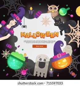 Flat Halloween Icons with Square Frame. Halloween Background. Trick or Treat creative concept. Orange Pumpkin and Spider Web, Witch Hat and Cauldron, owl and ghost.