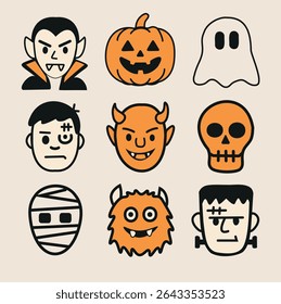 Flat Halloween Monster Faces Vector Icons Set