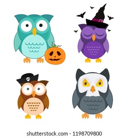 Flat halloween mystical owls in witch pirate hat and scull pumpkin 