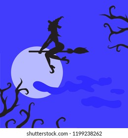 Flat Halloween night background with creepy witch on the broom for banner, greeting card celebration. Scary party poster. Spooky landscape and enchantress woman silhouette.