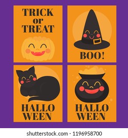 Flat Halloween night invitation with creepy cat and pumpkin jack for banner, greeting card celebration, Scary witch hat and pot Spooky party poster vector illustration