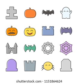 Flat halloween related icons set. Collection of cute decorative stickers.