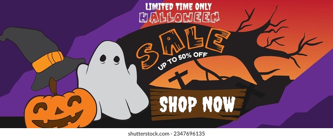 Flat Halloween Sale Banner With Vintage Style. Pumpkin ,Ghost and Wizard Hat vector illustration