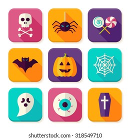 Flat Halloween Trick or Treat Square App Icons Set. Scary Autumn Halloween Party Holiday Colorful Objects. Bundle of Tricks and Treats Items. Icons for Website and Mobile Application