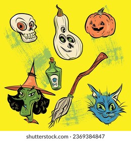 flat halloween vintage elements collection vector design illustration