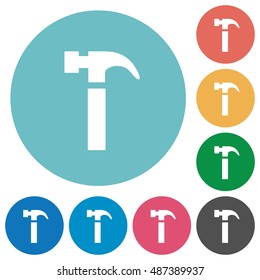 Flat hammer icon set on round color background.