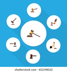 Flat Hammer Set Of Crime, Tribunal, Law And Other Vector Objects. Also Includes Tribunal, Law, Legal Elements.