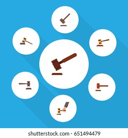 Flat Hammer Set Of Tribunal, Court, Legal And Other Vector Objects. Also Includes Crime, Legal, Justice Elements.