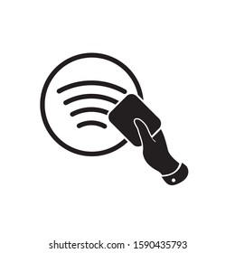  Flat hand applies contactless payment facility to nfc tag icon.