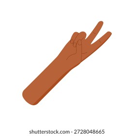 Mão plana com pele marrom nua. Gesto com os dedos mostrando o número dois em estilo isolado. Posse de sinal de parte do corpo, visual básico para contagem ou matemática. Conceito mínimo para treinamento ou lançamento.