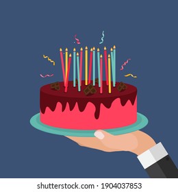 Flat Hand mit Kuchen und Kerzen. Design-Element für Party-Einladung, Glückwunsch. Vektorgrafik