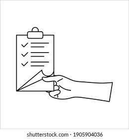 flat hand with chek list icon on whte background. color editable