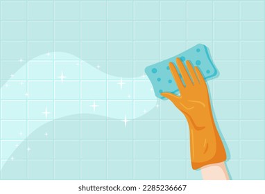 Flat hand cleans dirty tiled wall with sponge on blue background. Orange glove cleans dusty tiled floor and clean surface sparkles. Vector cartoon illustration of house or office cleaning and washing