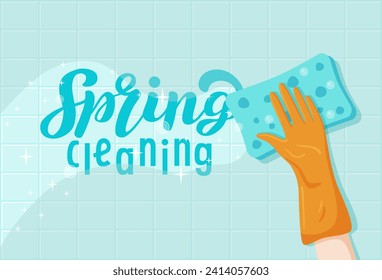 Flat hand cleans smooth surface with sponge on blue background. Vector cartoon illustration with Spring Cleaning lettering for poster or banner. Orange glove cleans tiled wall and clean area sparkles