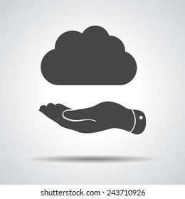 flat hand with cloud frame on a grey background