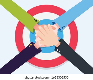 flat hand collaboration with the partnership for a target goal.Cooperation for the same goal
