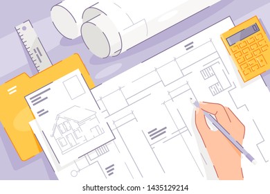 Flat hand with development drawing project of house. Concept designer employee with paper and equipment at work. Vector illustration.