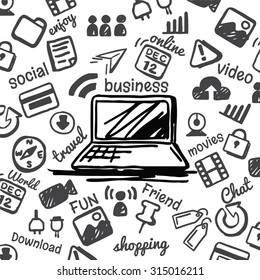 Flat hand draw business and multimedia, social network background and icons vector web cam laptop apps on-line shopping compass