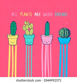 Flat hand drawing vector illustration - Cute cartoon cactus set