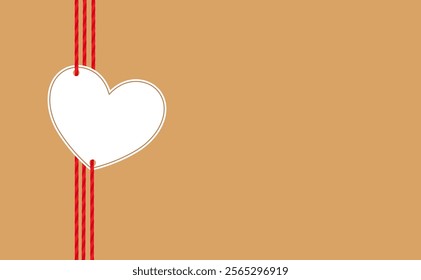 Flat hand drawn background, blank white tag heart gift tied up with cotton red rope bakers twine and ribbon. Packing string for present, pastry box for EPS10 on kraft paper for Valentine's day.