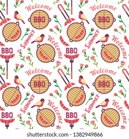 Flat hand drawn barbecue icons seamless pattern isolated on white. Vector barbecue grill cartoon collection. Welcome summer barbeque party pattern. Grilling sausage. BBQ advertisement design template