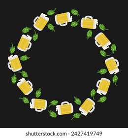 Flat hand drawn beer mug and hops wreath. Isolated vector elements on dark background. St Patricks Day decoration. Unique print design