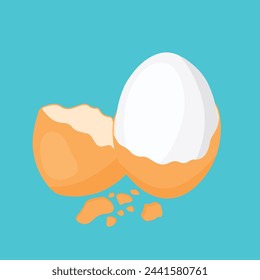 Flat hand drawn boiled egg in cracked half peeled eggshell for diet breakfast food  cartoon vector illustration isolated
