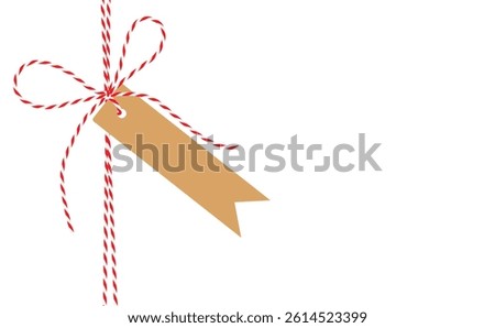Flat hand drawn bow, gift tied up with cotton red rope bakers twine, ribbon with blank kraft paper flag tag. Packing string for present, New Year, Christmas pastry box.EPS10 on transparent backgroud