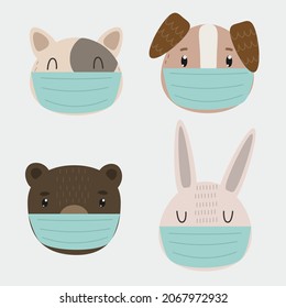 Flat hand drawn cartoon illustration of animals with face mask. Vector childish characters. Cute cat, dog, bear and bunny. Coronavirus concept