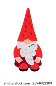 Flat hand drawn Christmas Dwarf. Christmas traditional person, Santa Claus friend in red color clothing in kids cartoon style. Ideal for Christmas decoration, stickers, pattern