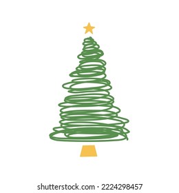 Flat hand drawn christmas tree illustration. Stylized pine isolated on white background